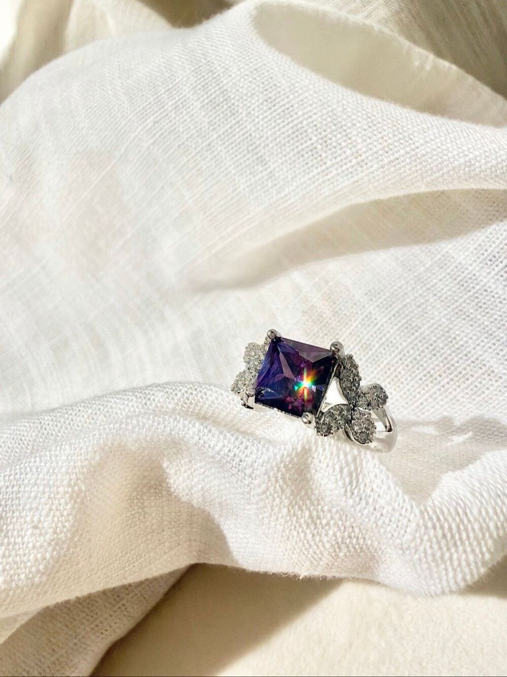 Purple Princess Cut Cubic Zirconia Adjustable Floral Ring Silver Tone